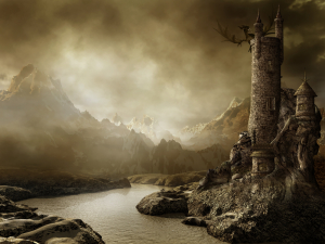 Fantasy landscape with a tower by the river and a dragon